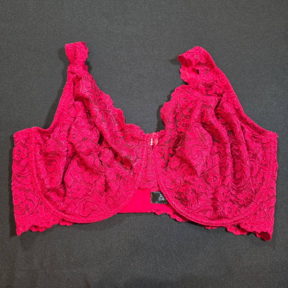 Smart & Sexy Red Sheer Floral Lace Underwire Bra 42DDD Full Coverage Rhinestone